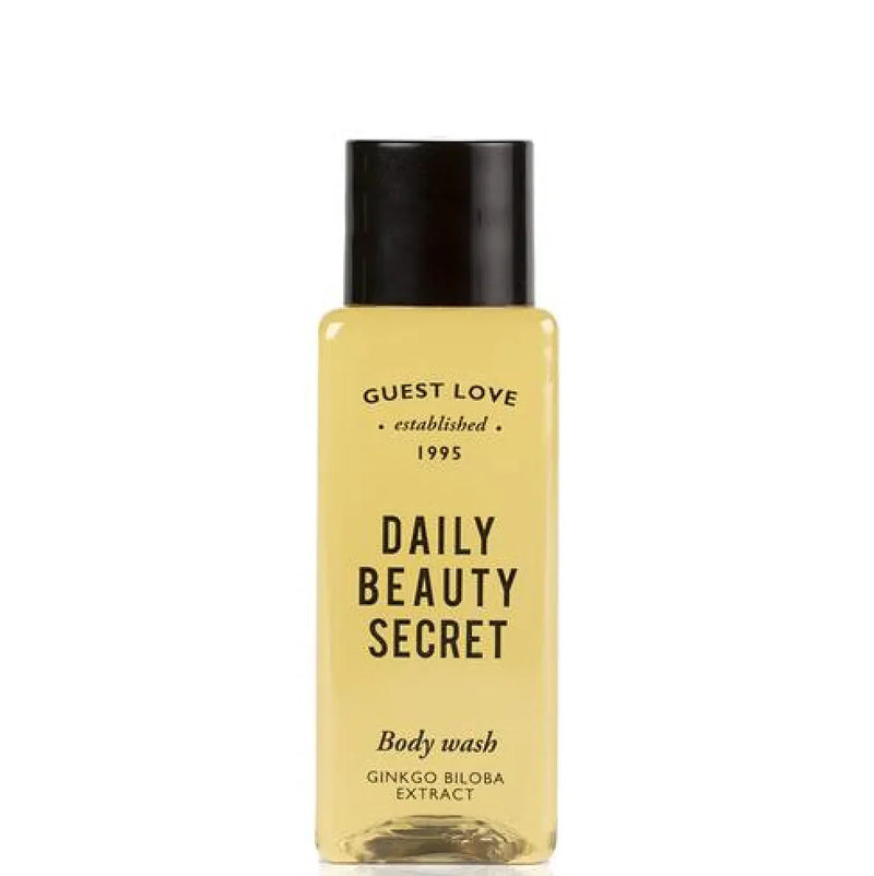 Gel de Banho Guest Love Frasco 35ml em embalagem de 35ml com extrato de Ginkgo Biloba, formato amenities, perfeito para hotéis e alojamento local