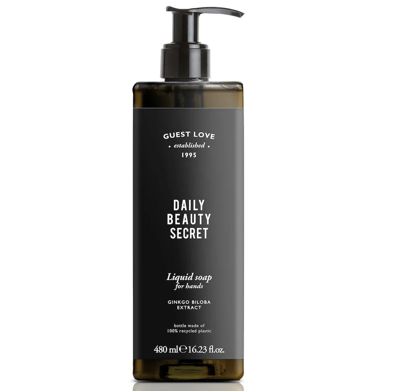 Sabonete Líquido das Mãos com Doseador 480ml Guest Love, embalagem elegante e moderna, com extrato de Ginkgo Biloba, perfeito para hotéis e alojamento local
