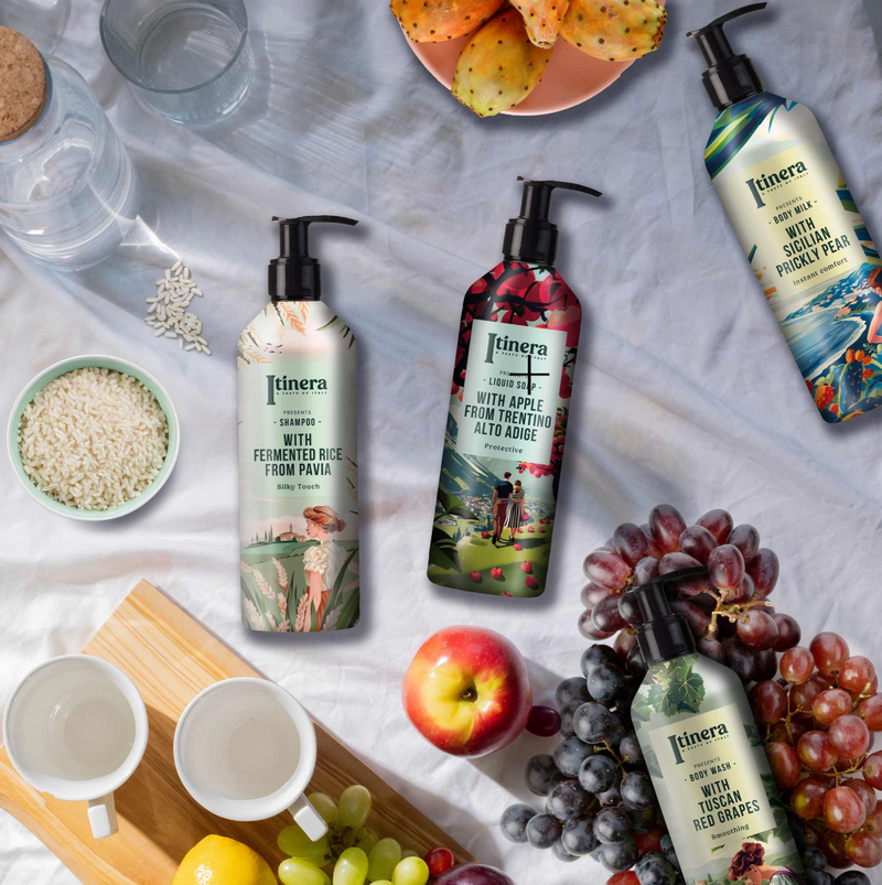 Champô Suavizante Vegan ITINERA com ingredientes naturais e variedade de aromas em embalagens estilizadas.