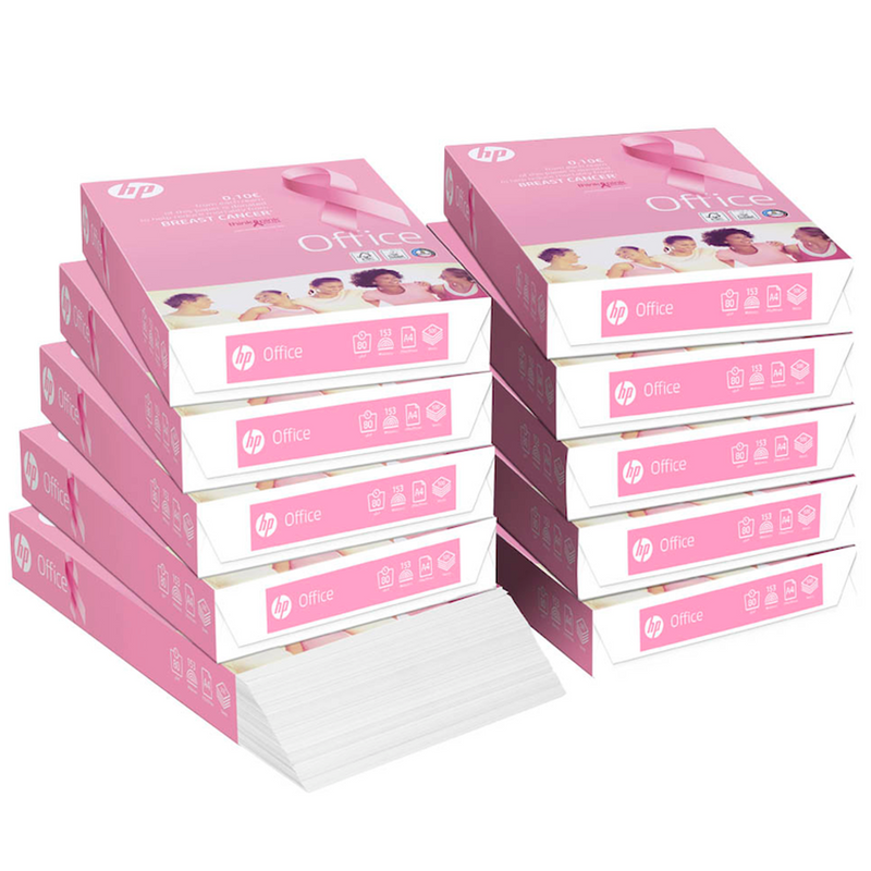 Papel Fotocopia A4 80g HP COPY PINK REAM em caixas, ideal para impressoras e fotocopiadoras.