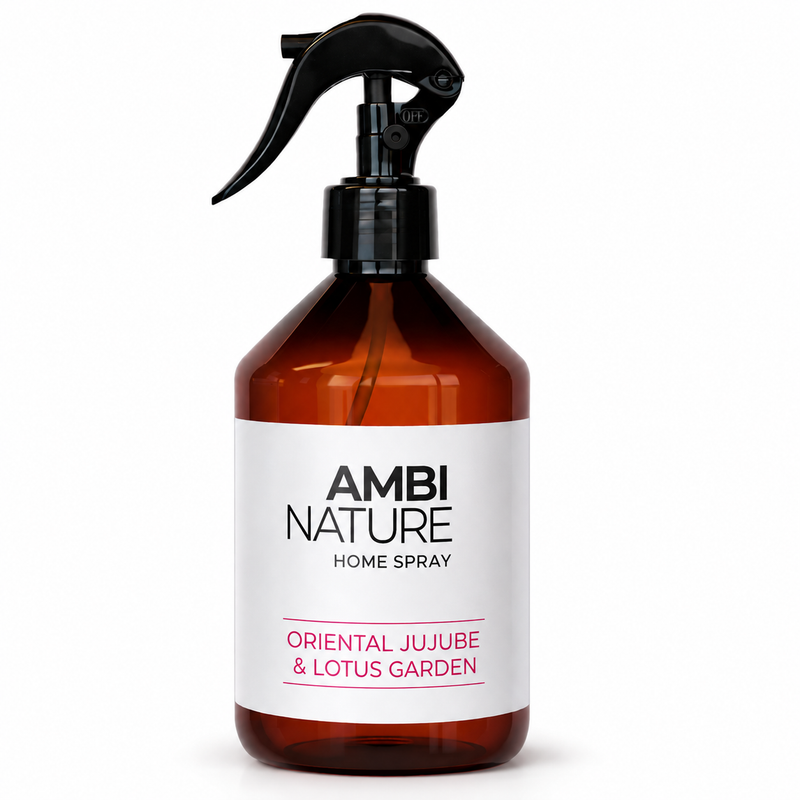 Ambientador Líquido Premium Oriental Jujube | 500ml, spray de ambiente AMBINATURE com aroma de jardim de lótus.