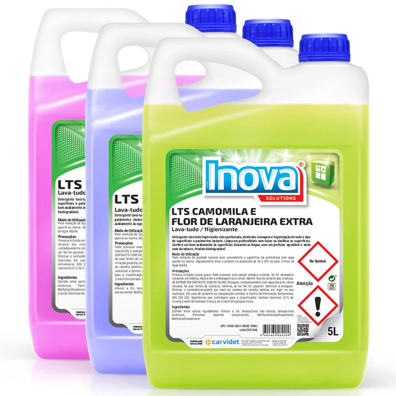 Detergente Lava Tudo Perfumado com Bioálcool 5 Litros em embalagens coloridas da INOVA LTS EXTRA, de uso profissional, com aromas de longa duração.
