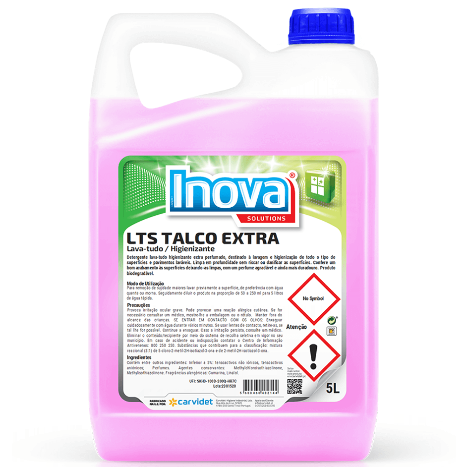 Detergente Lava Tudo Perfumado Talco com Bioálcool 5L - Frasco de 5L da marca Inova, solução para limpeza profissional.