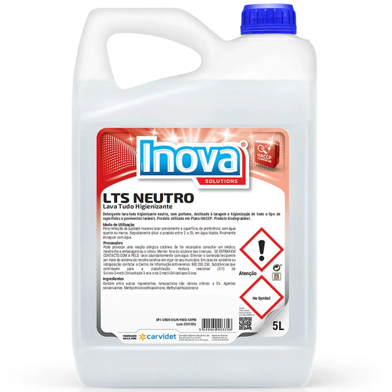 Detergente Lava Tudo Neutro 5 Litros sem Perfume Uso Profissional Multiusos Garrafão INOVA LTS CARVIDET Glow