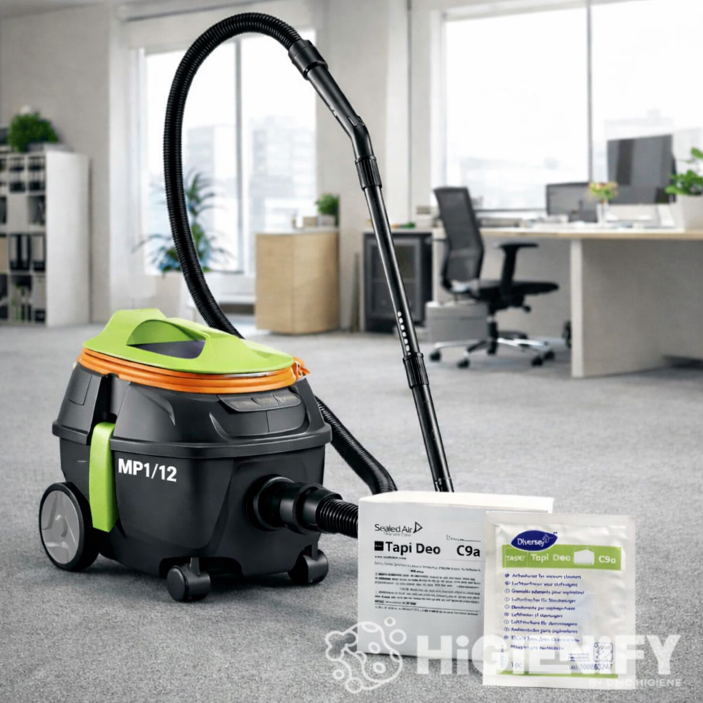 Aspirador de Pó Profissional IPC MP 1-12 em ambiente de escritório com acessórios ao lado, usando o Ambientador Profissional Granulado para Sacos de Aspirador TAPI DEO