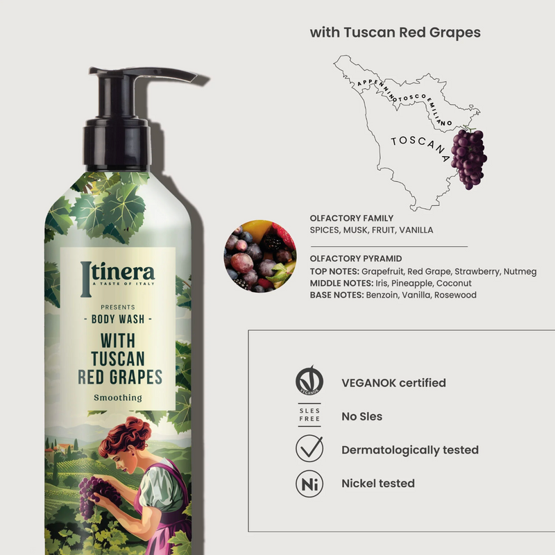 Gel de Banho Cremoso Vegan ITINERA com Uvas Tintas toscanas, embalagem de 500ml, cosmético suave e hidratante.