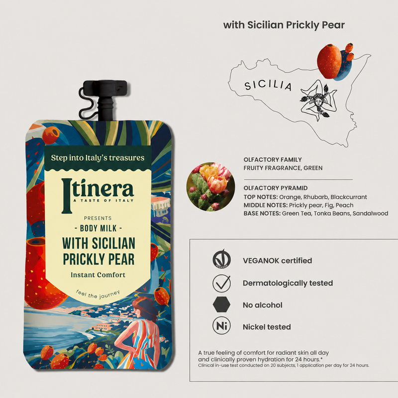 Loção Hidratante Corporal Vegan ITINERA Sachê 30ml com Pera Prickly Siciliana e notas frutadas, embalagem em sachê.