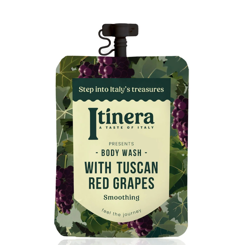 Gel de Banho Cremoso Vegan ITINERA Sachê 30ml com uvas tintas da Toscana, embalagem prática e orgânica, para hoteis e alojamentos locais AirBnB