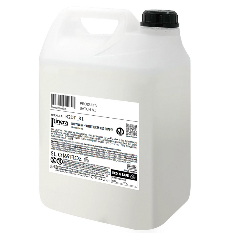 Gel de Banho Cremoso Vegan ITINERA em garrafinha de 5 litros, ideal para recarga e hidratação da pele.