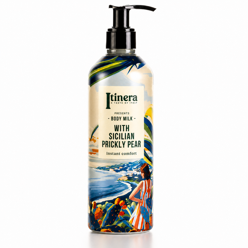 Loção Hidratante Corporal Vegan ITINERA em frasco com bomba doseadora, 370ml, com pear siciliana e imagem vibrante. Perfeito para hotéis, alojamentos locais, AirBnb, Quintas e Pousadas