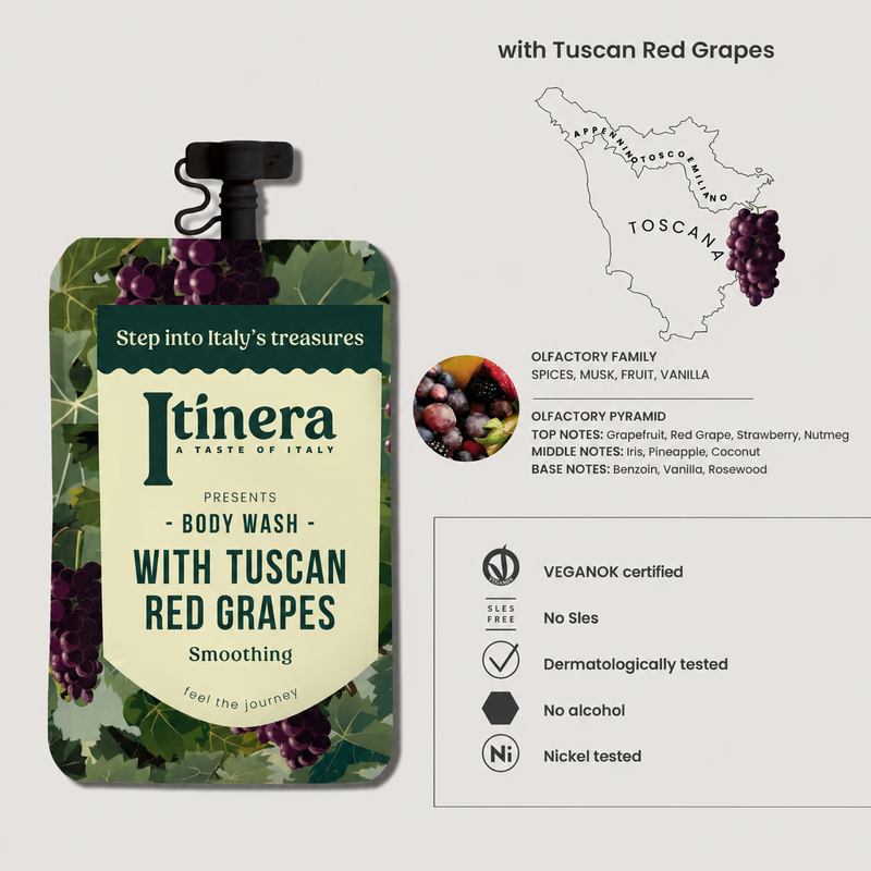 Gel de Banho Cremoso Vegan ITINERA Sachê 30ml com uvas vermelhas da Toscana, embalagem destacável e certificada.
