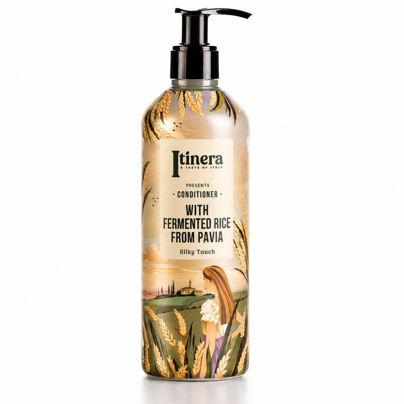 Condicionador de Cabelo Vegan ITINERA com arroz fermentado de Pavia, toque sedoso, embalagem com bomba doseadora 370ml. Perfeito para hotéis, alojamentos locais, AirBnb, Quintas e Pousadas