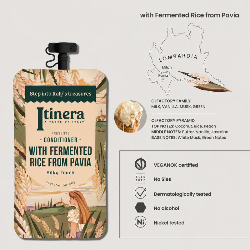 Condicionador de Cabelo Vegan ITINERA Sachê 30ml com Arroz Fermentado de Pavia, embalagem atraente e ingredientes naturais.