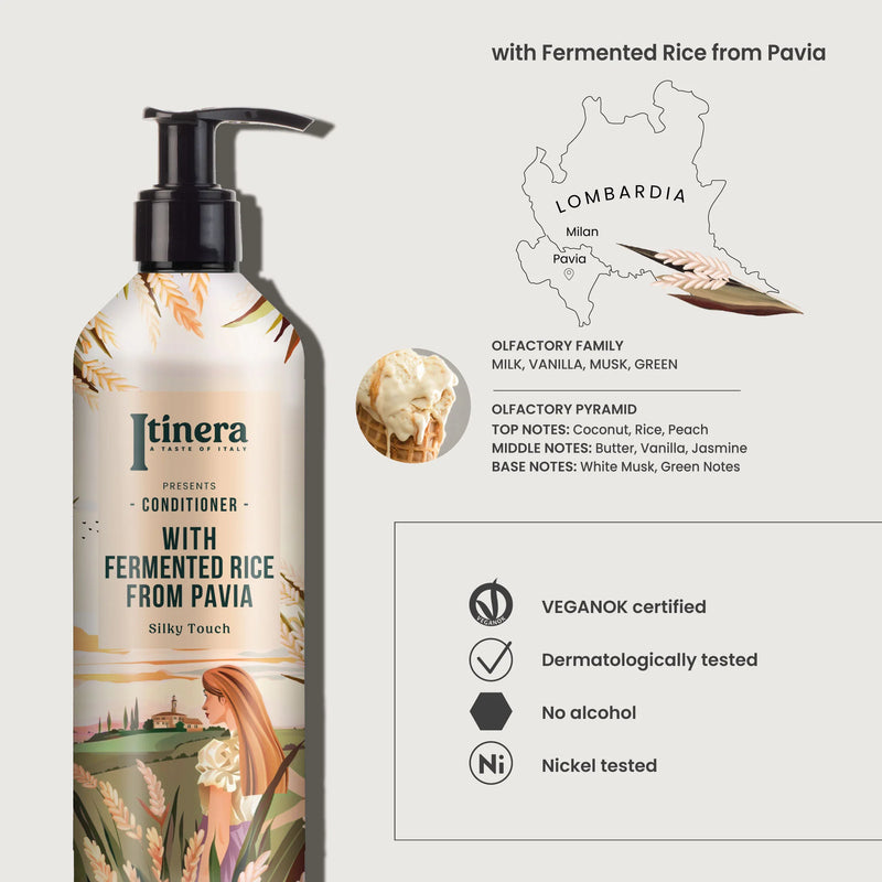 Condicionador de Cabelo Vegan ITINERA com Fermento de Arroz de Pavia, 370ml, embalagem com bomba doseadora.
