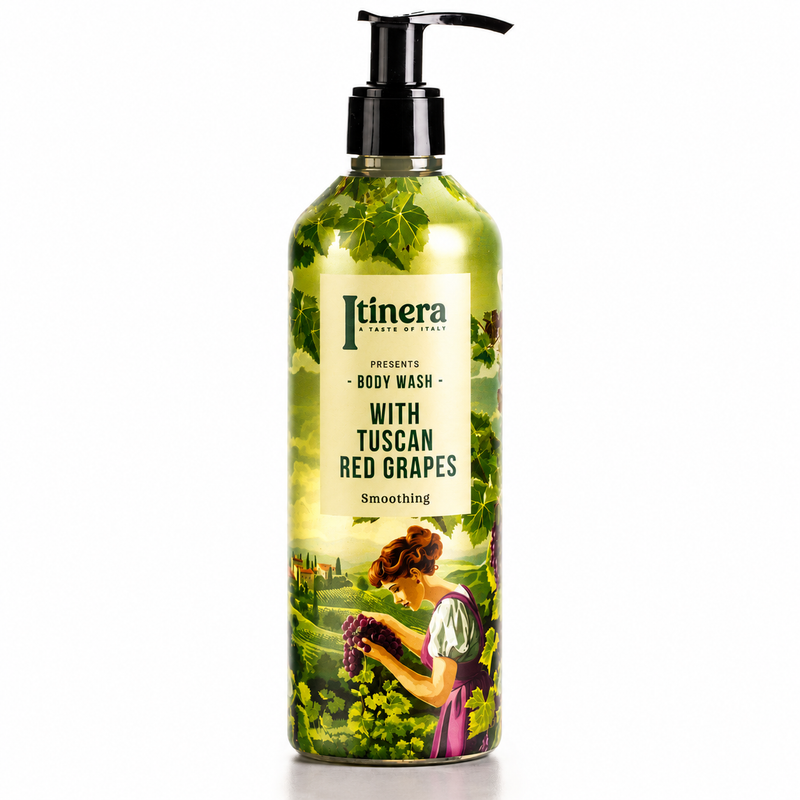 Gel de Banho Cremoso Vegan ITINERA com uvas vermelhas toscanas | 370ml, embalagem com bomba doseadora. Perfeito para hotéis, alojamentos locais, AirBnb, Quintas e Pousadas