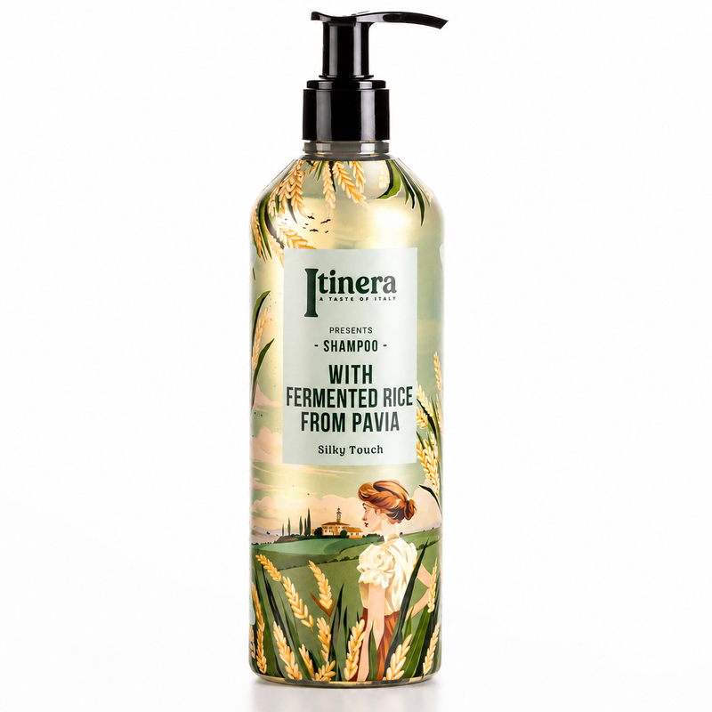 Champô Suavizante Vegan ITINERA em garrafa com bomba doseadora com design vintage e ingredientes naturais. Perfeito para hotéis, alojamentos locais, AirBnb, quintas e pousadas