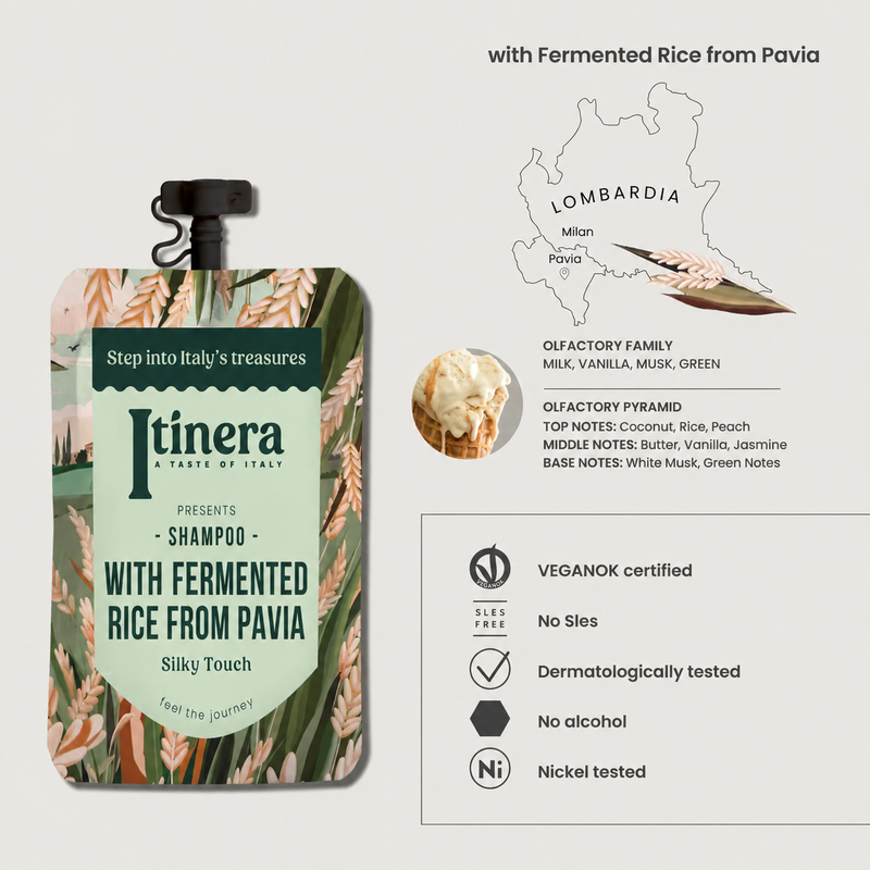 Champô Suavizante Vegan ITINERA Sachê 30ml | Produto com Fermentado de Arroz de Pavia, embalagem sustentável.