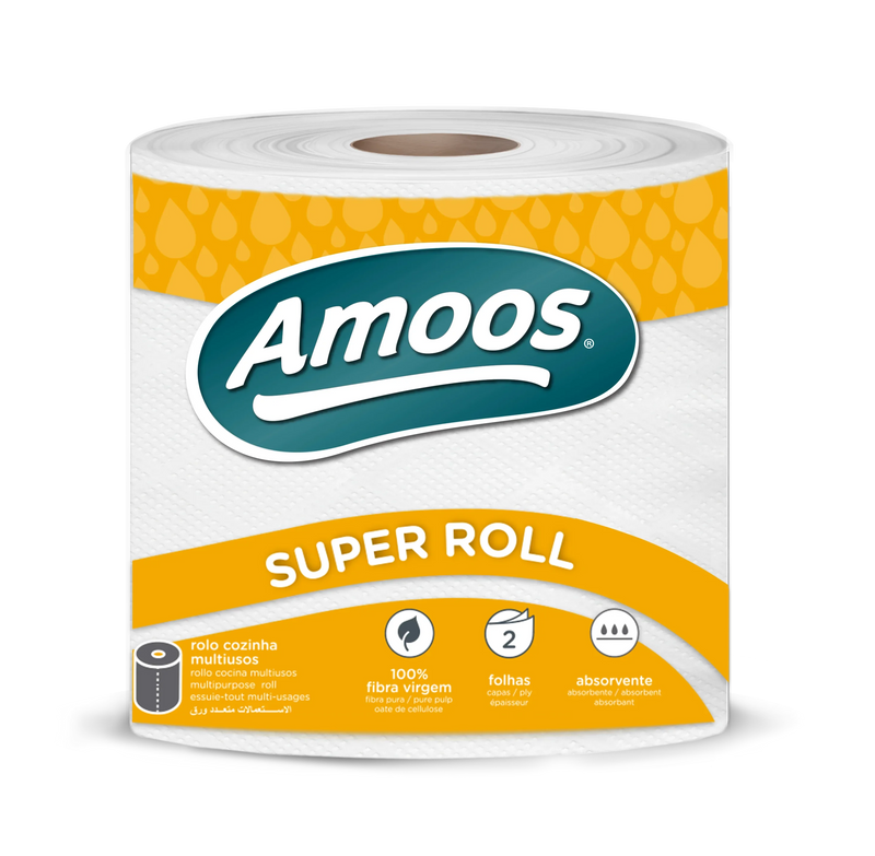 Papel Rolo Multiusos Amoos Super Roll 70M | Rolo de cozinha multiusos absorvente e resistente em pack de 6 unidades.