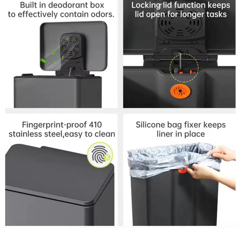 Balde Lixo Inox com Pedal XL 45L com função de bloqueio, aço inoxidável resistente a impressões digitais e fixador de saco.