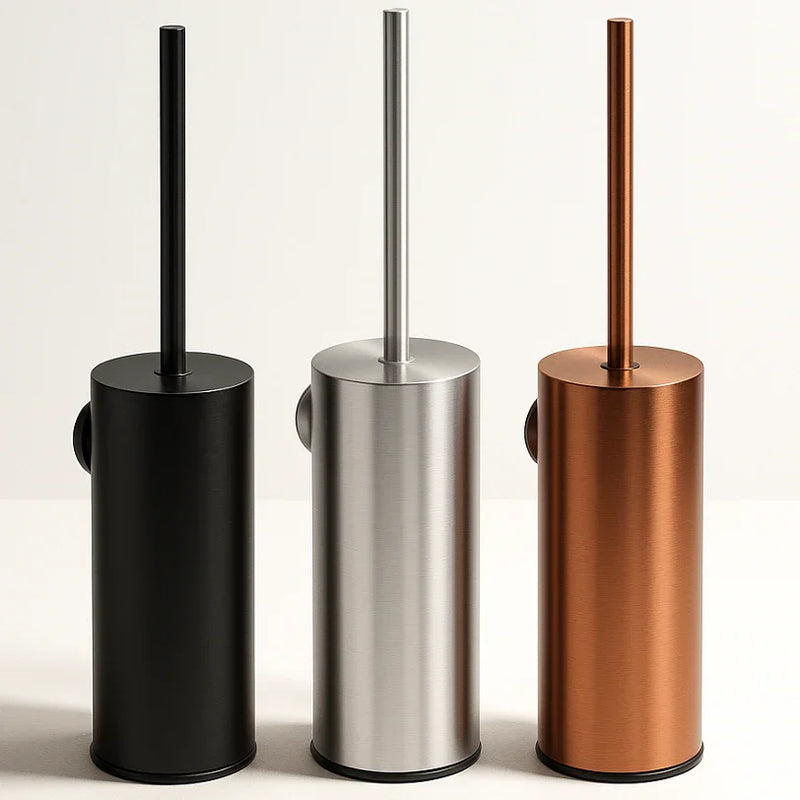 Conjunto Porta Piaçaba de Parede Inox Premium JNF em três cores: preto, prateado e cobre.
