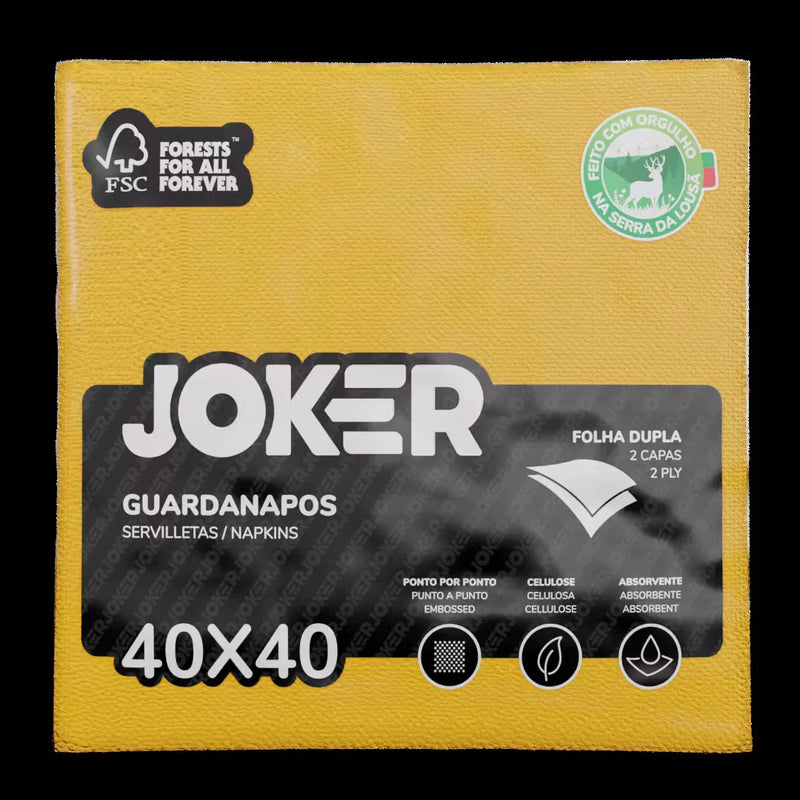 Guardanapos de Mesa Cores Folha Dupla PPP 40x40cm em amarelo, embalagem da marca Joker, com 2 camadas e alto poder de absorção.