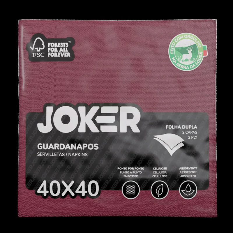 Guardanapos de Mesa Bordô Folha Dupla PPP 40x40cm Joker com 1200 unidades, absorventes e resistentes.