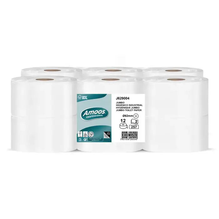 Papel Higiénico Jumbo 2F 90M Amoos - Pack de 12 rolos de papel higiénico industrial absorvente e resistente.