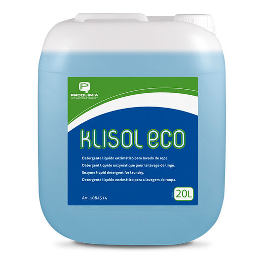 Detergente Roupa Líquido Enzimático Super Concentrado KLISOL ECO 20L para lavagem de roupa em lavandarias profissionais.