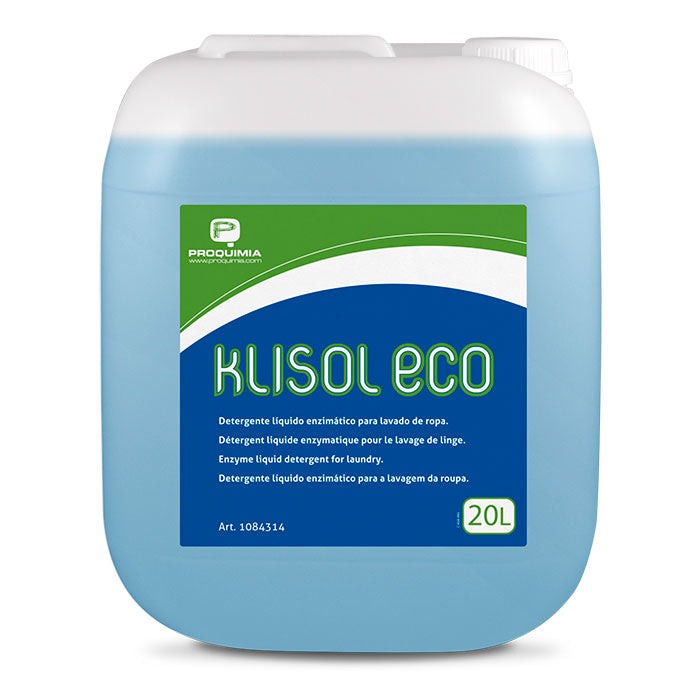 Detergente Roupa Líquido Enzimático Super Concentrado KLISOL ECO 20L para lavagem de roupa em lavandarias profissionais.