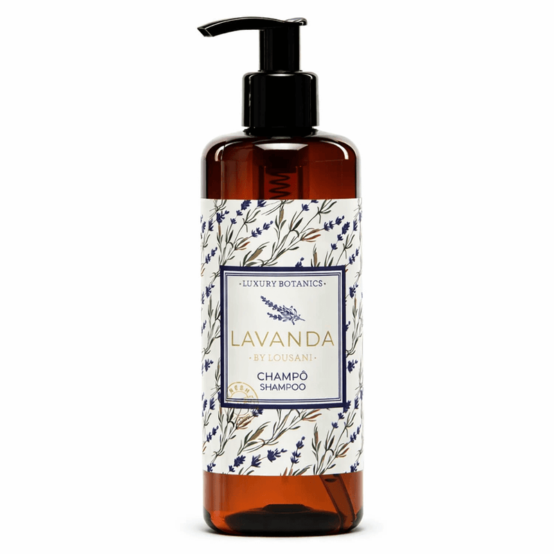 Champô Lavanda | Garrafa 300ml c/Bomba Doseadora da Lousani com design mediterrânico.