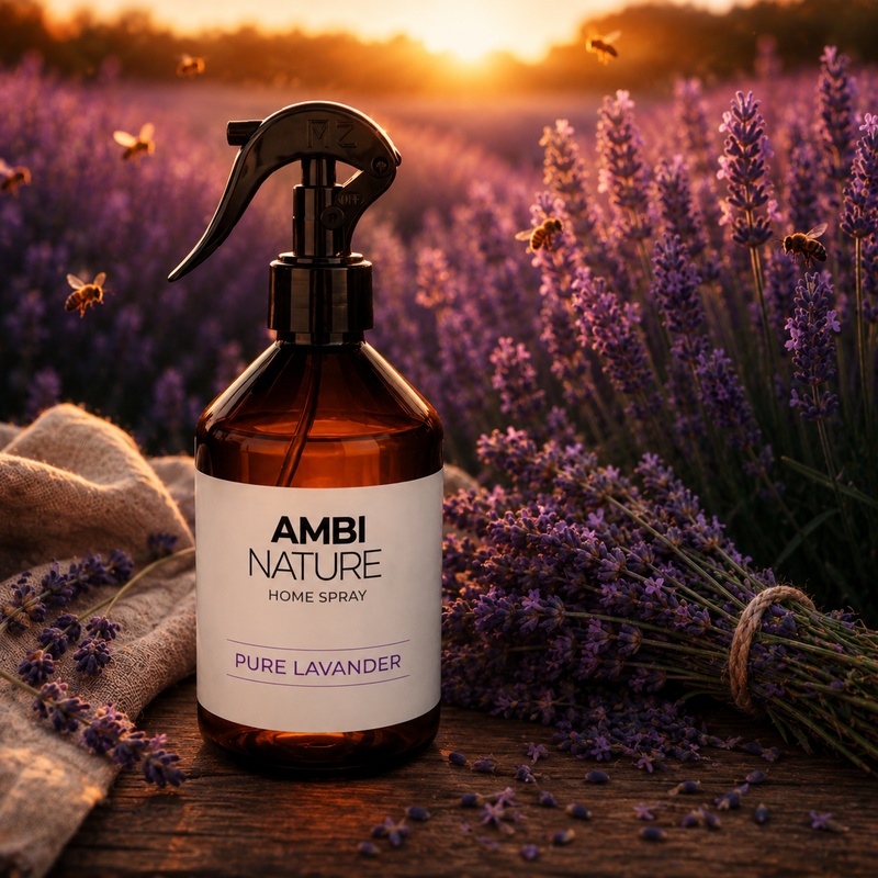 Ambientador Líquido Premium Pure Lavender em frasco ao ar livre, cercado por campos de lavanda