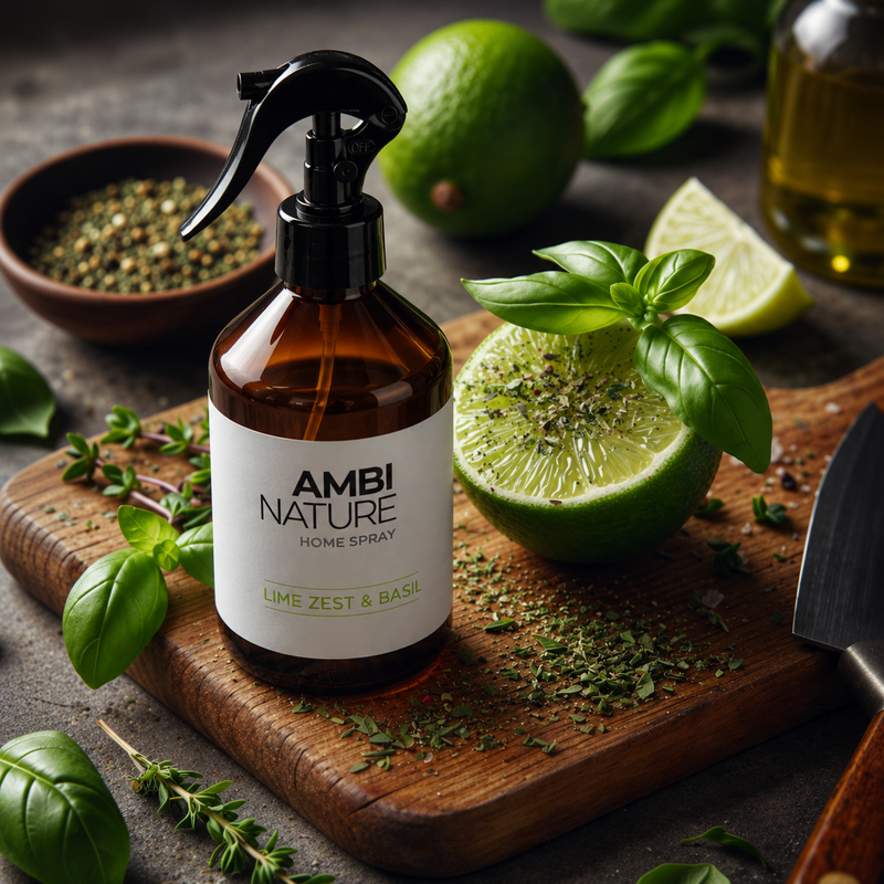 Ambientador Líquido Premium Lime Zest & Basil em frasco com limão e manjericão ao redor