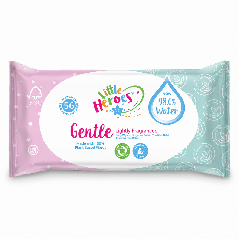 Toalhitas Bebé Água Dermo Pack 56 Unidades da Little Heroes, feitas com 100% fibras de origem vegetal.