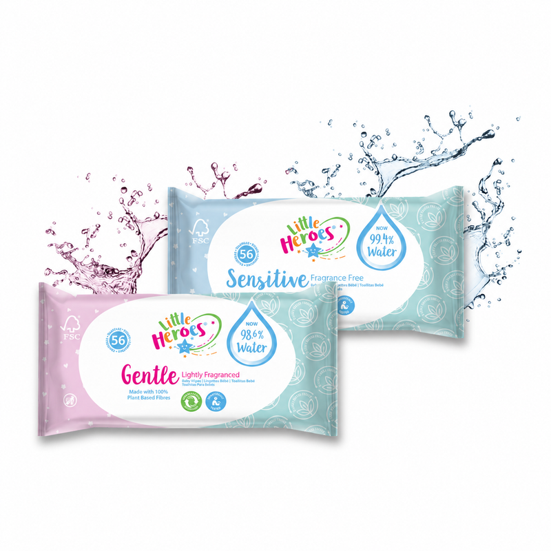 Toalhitas Bebé Água da Little Heroes, pack com 56 unidades, hidratação e limpeza suave para bebés.