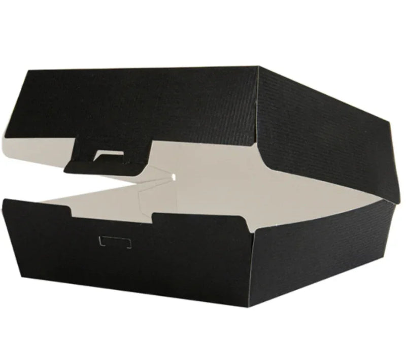 Caixa de Cartão Multiusos Lunch Box XL Take Away Preta aberta, ideal para takeaway e entrega de comida.