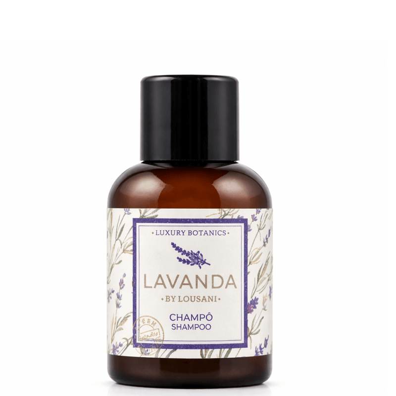 Champô Lavanda 30ml frasco da Lousani, ideal para hotelaria, com fragrância fresca e conforto.