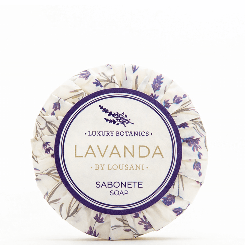 Sabonete Sólido Lavanda em embalagem redonda, by Lousani, com fragrância de lavanda, ideal para amenities em hotéis e alojamentos locais