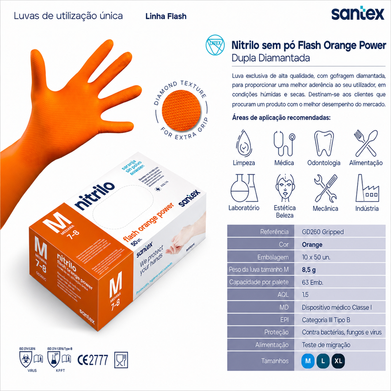 Luvas Nitrilo Laranja Descartáveis de Alta Performance 8.5g