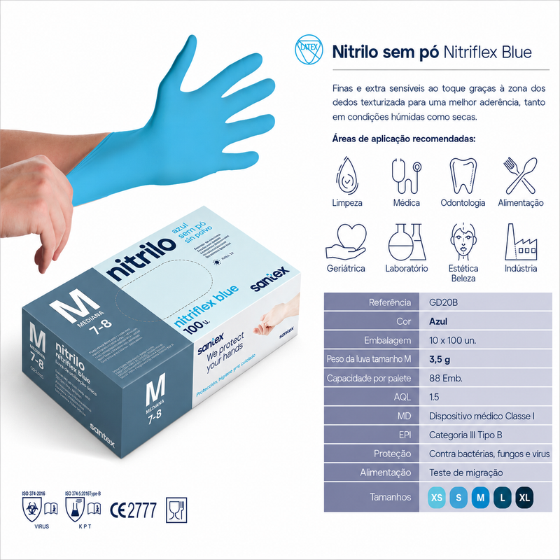 Luvas Nitrilo Azuis Descartáveis 3.5g