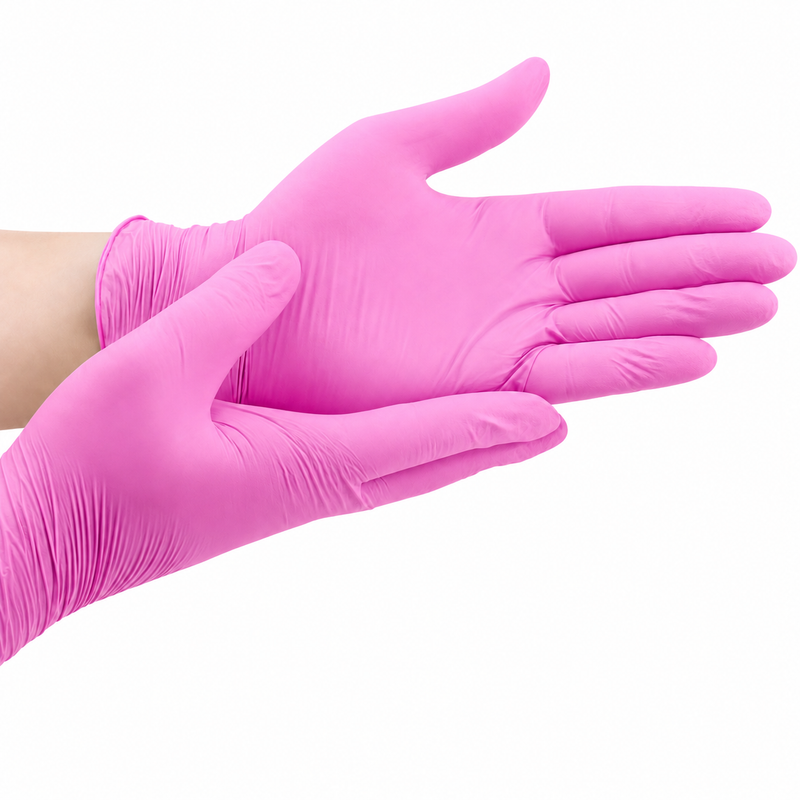 Luvas de Nitrilo Descartáveis Rosa, cor rosa magenta, empilhadas e prontas para uso, ideais para proteção e higiene.