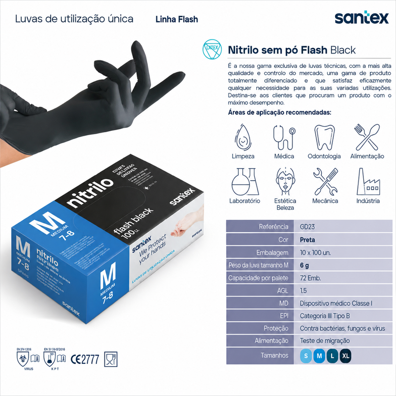 Luvas Nitrilo Pretas Extra Fortes Descartáveis 6.0