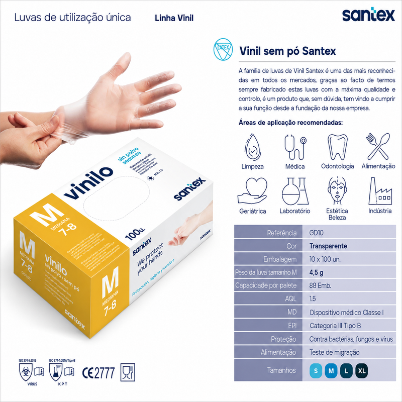 Luvas Vinil Descartáveis sem Pó