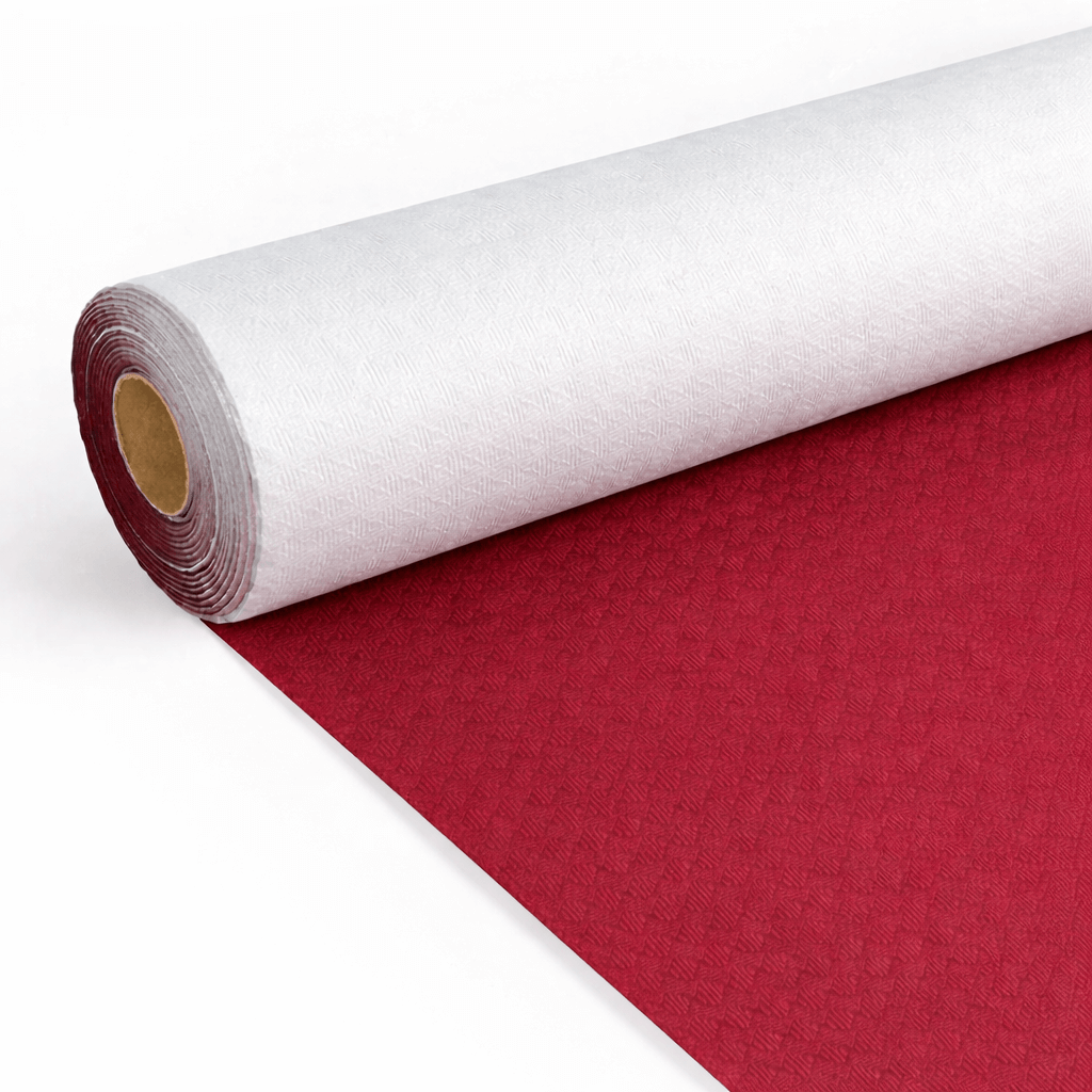 Toalhas de Mesas Bordeaux em Rolo 100M apresentando tecido resistente e absorvente para uso mesas de restaurante ou instituições com grandes dimensões.