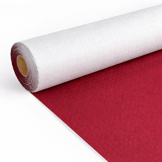 Toalhas de Mesas Bordeaux em Rolo 100M apresentando tecido resistente e absorvente para uso mesas de restaurante ou instituições com grandes dimensões.