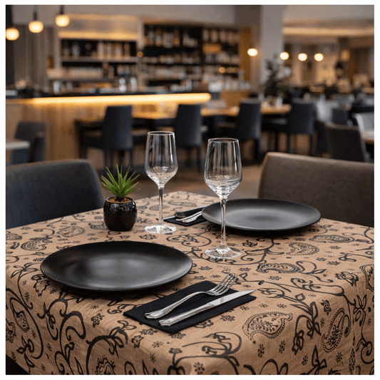 Toalhas de Mesa Decoradas em Bloco em restaurante, mesa posta com pratos e taças em ambiente elegante.