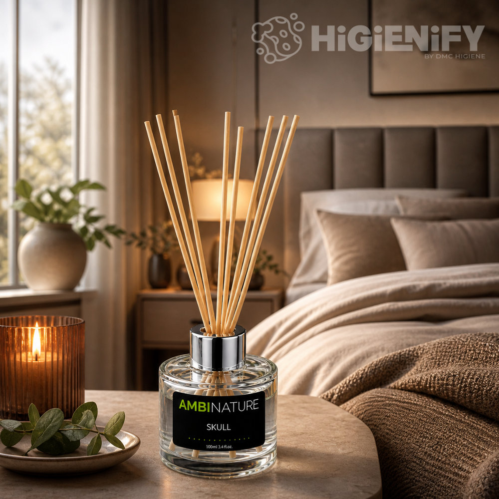 Ambientador Mini Mikado Premium em frasco com aroma de Skull, decorações modernas e aconchegantes.