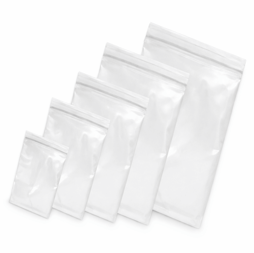 Sacos Plástico Transparentes com Fecho Zip 16x22cm em várias dimensões, pack de 100 unidades, ideal para armazenamento e amostras.