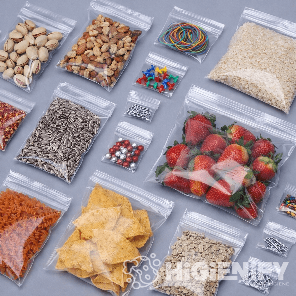 Sacos Plástico Transparentes com Fecho Zip 16x22cm com diversos tipos de alimentos e pequenos objetos organizados.