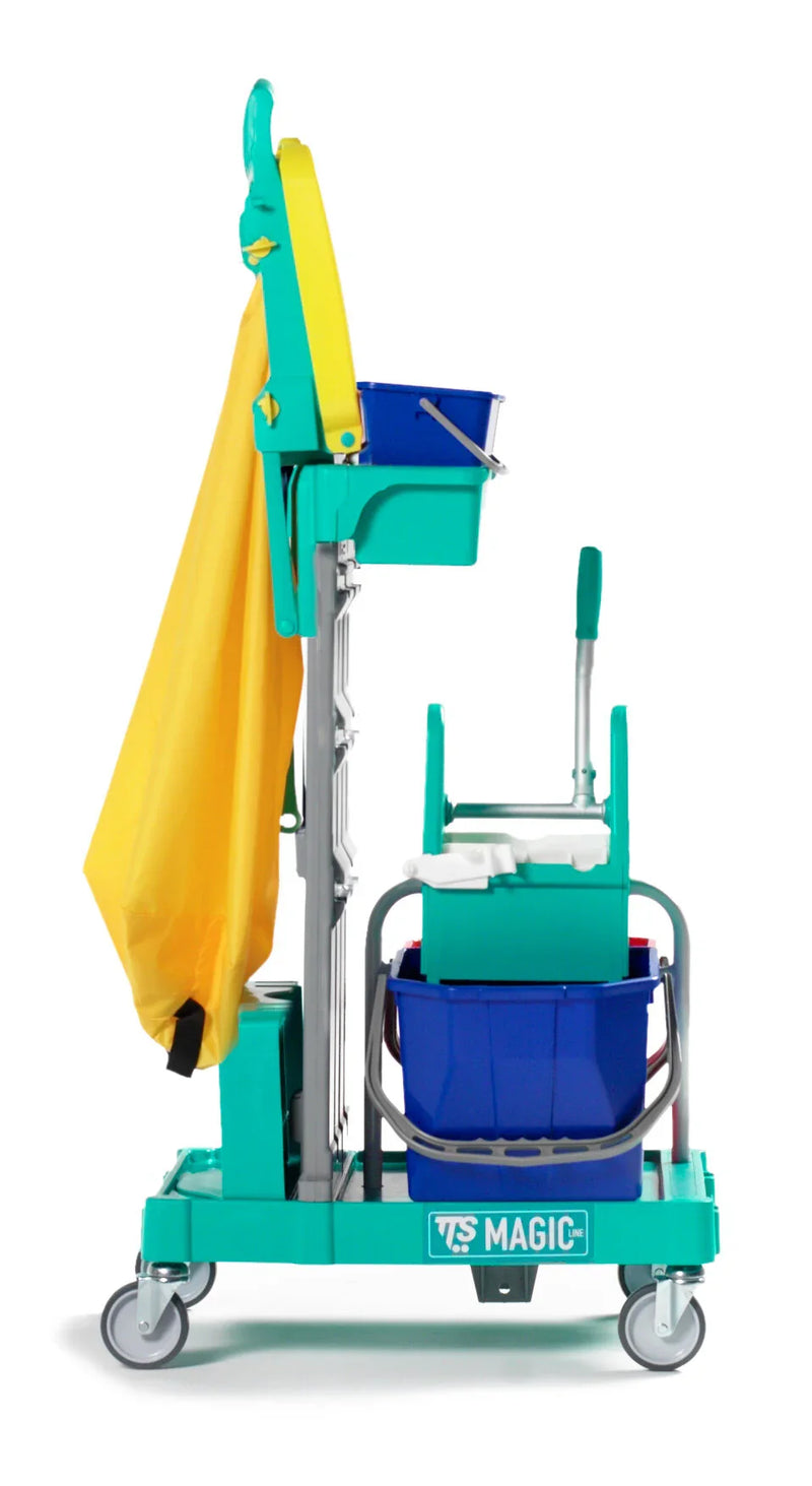 Carrinho Limpeza Compacto TTS ML com baldes coloridos e suporte para mop, ideal para limpeza profissional.