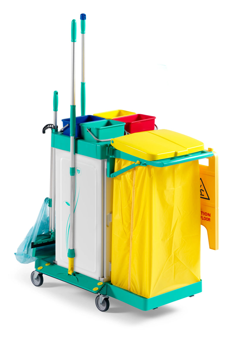 Carrinho Limpeza Compacto TTS ML com baldes coloridos e suporte para esfregões em fundo branco.
